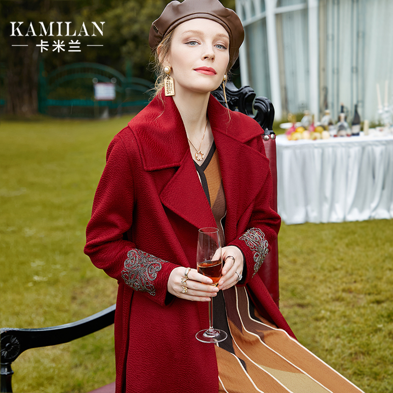 卡米兰水波纹羊毛大衣女2024年新款秋冬中长款双面羊毛呢大衣外套
