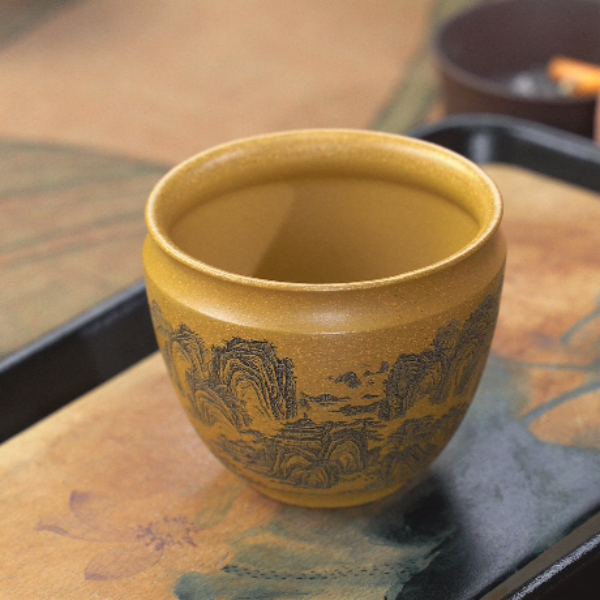 6147宜兴原矿紫砂黄段泥刻绘溪山幽居山水主人杯YY170ML左右