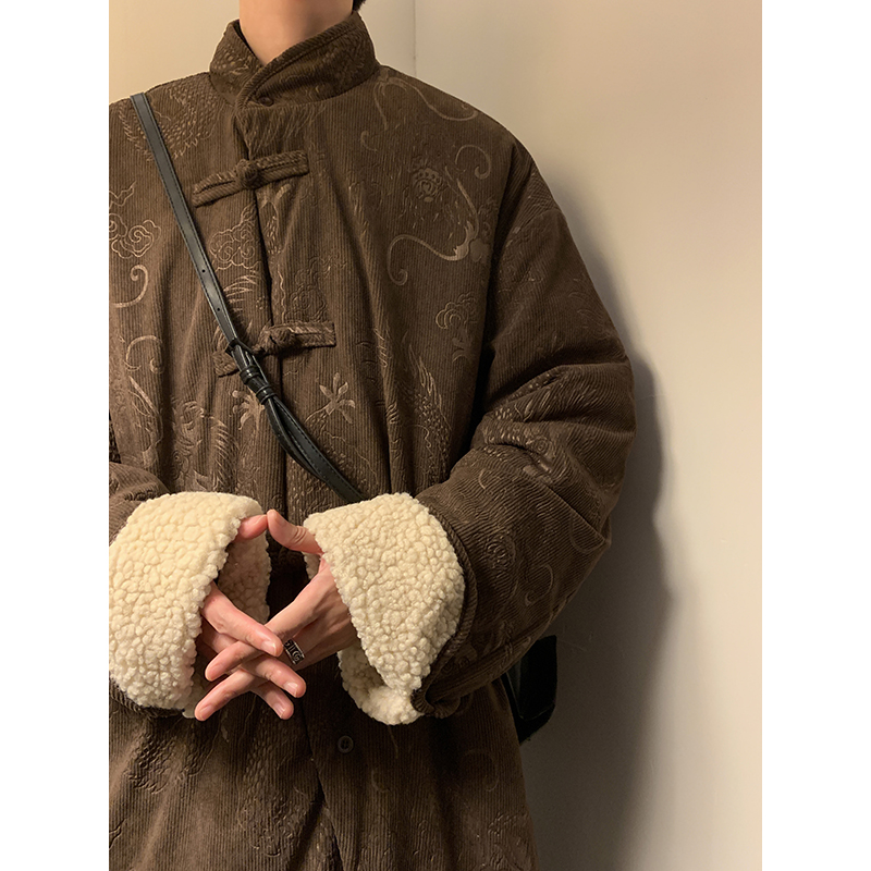 羊羔绒保暖加厚唐装棉衣男新中式改良汉服中国风提花冬季大码棉服