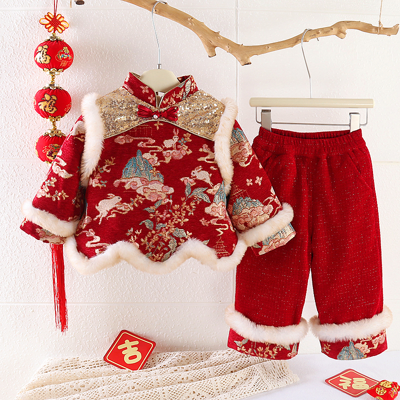 【琼楼玉宇】男女宝宝套装冬季加厚加绒加棉套装拜年服喜庆中国风3