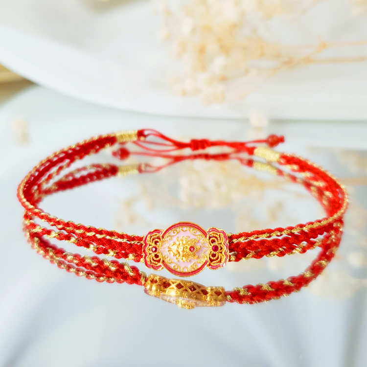 18K金烧蓝凤九红绳手绳  G5775