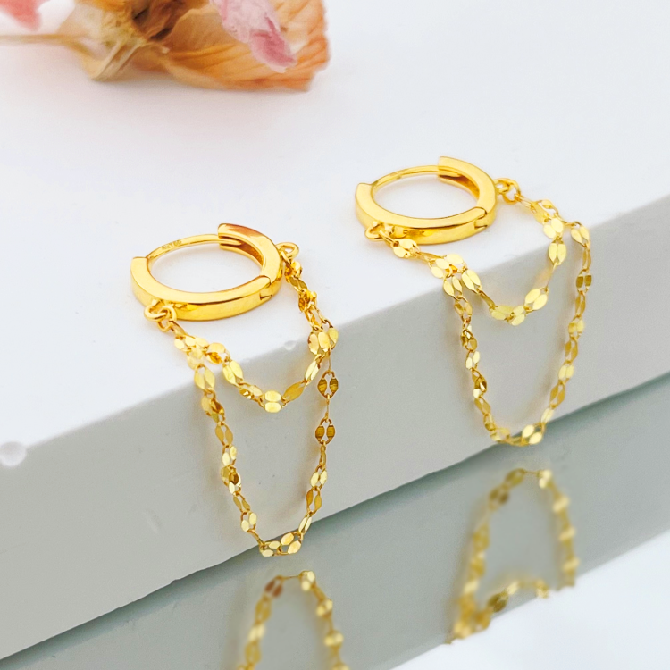 18K金圆环镜片流苏耳钉耳圈精致百搭气质简约 G3128 