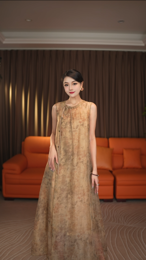 824944 亦柔·度假风碎花百分百桑蚕丝显瘦气质连衣裙