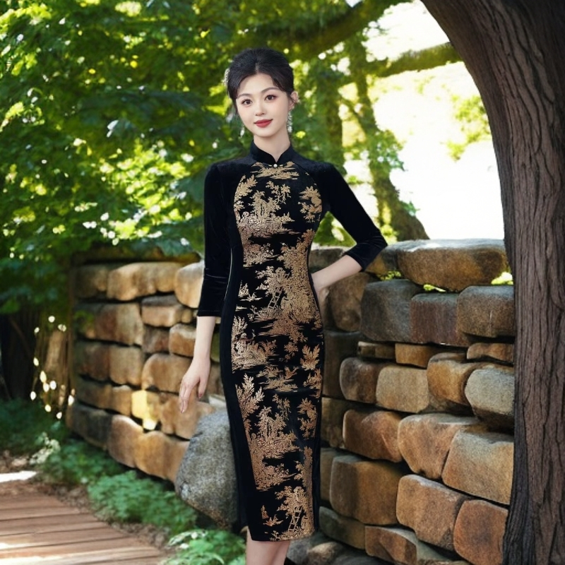 醉竹烟 高级感丝绒旗袍女中国风高端黑色2024年秋冬新款长袖日常