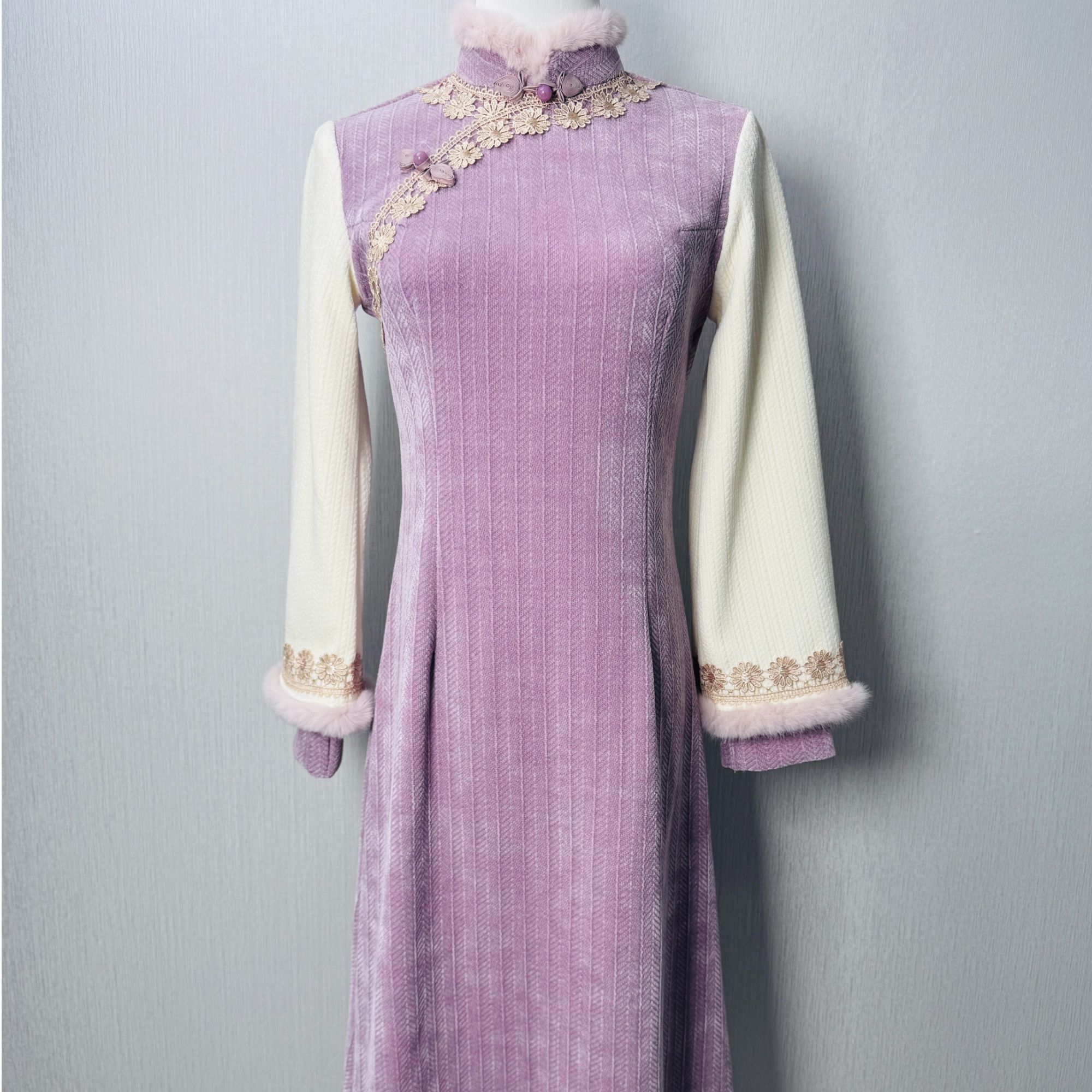 春雨眠 国风毛绒领旗袍2024年冬加厚新款气质优雅新中式日常可穿