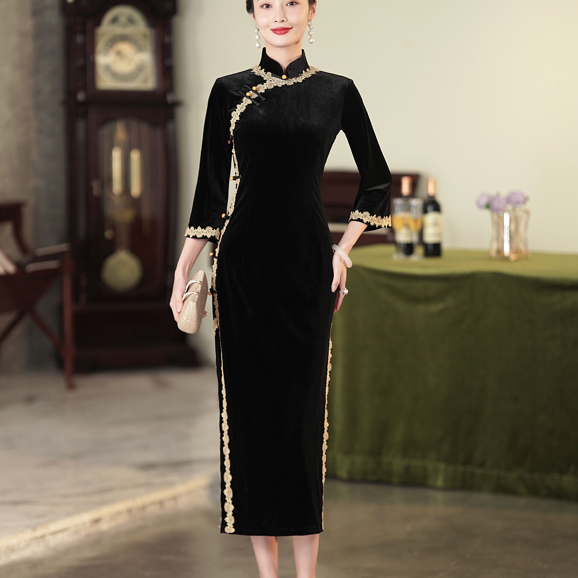 思绪月 旗袍2024年冬季新款女加厚冬天保暖连衣裙妈妈新中式高端