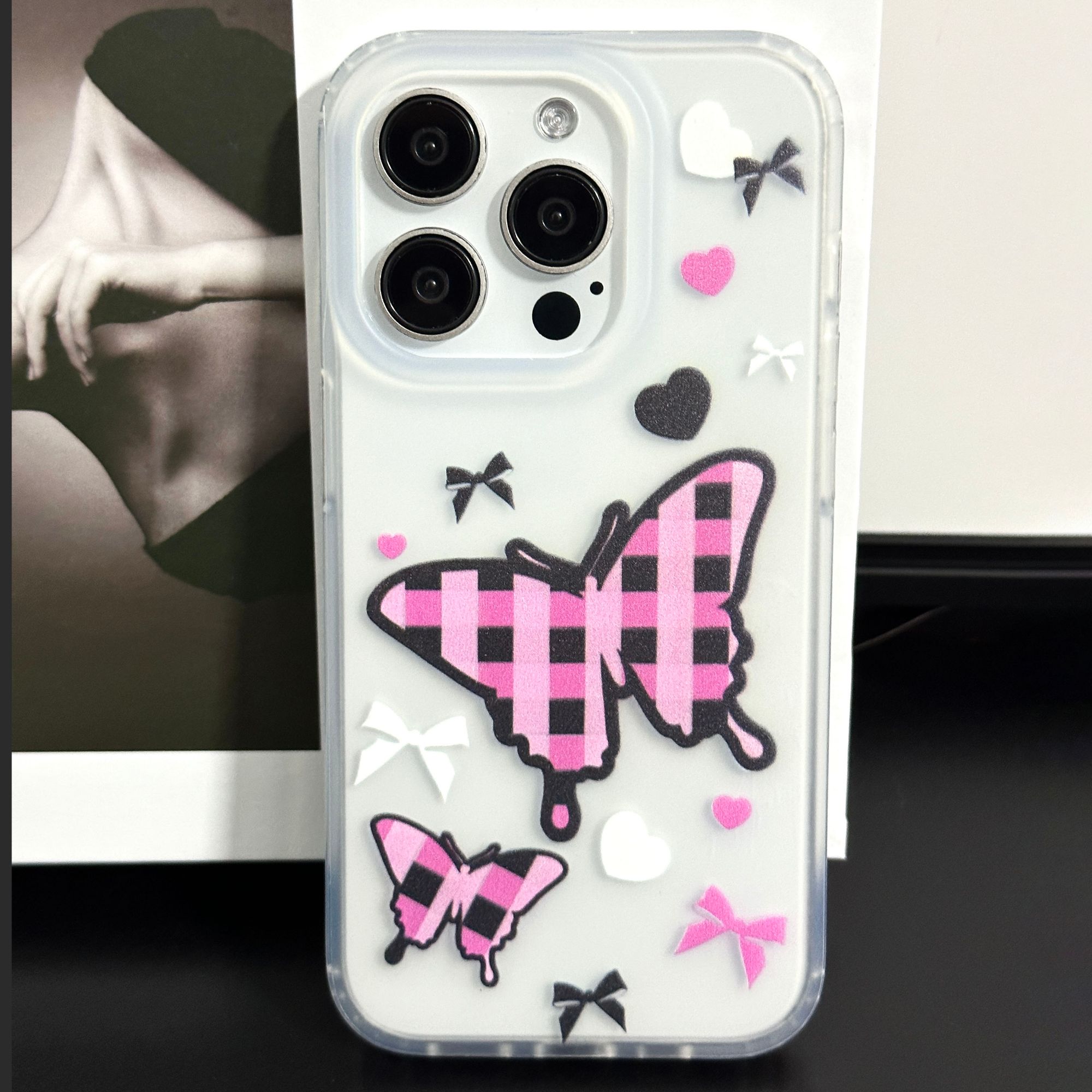 壳研网格蝴蝶11/12/13/14/15promax手机壳小众卡通磨砂透明高级感