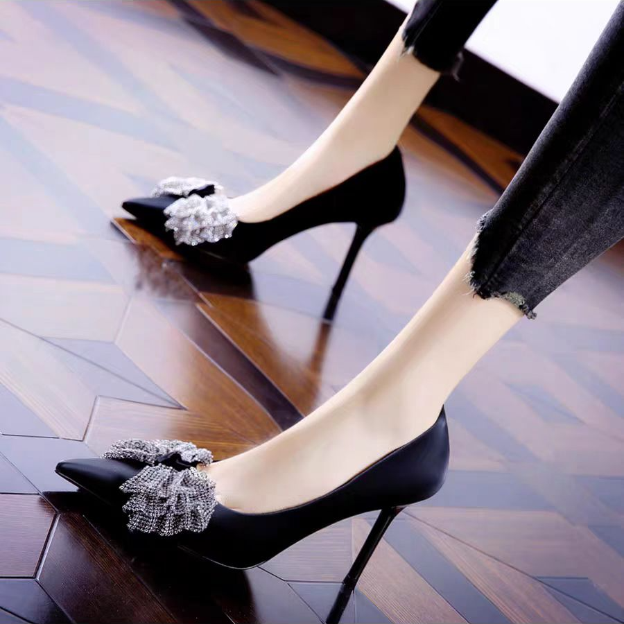 钎金鸟2024春款2275-3时尚水钻蝴蝶结尖头鞋法式细跟百搭女单鞋 