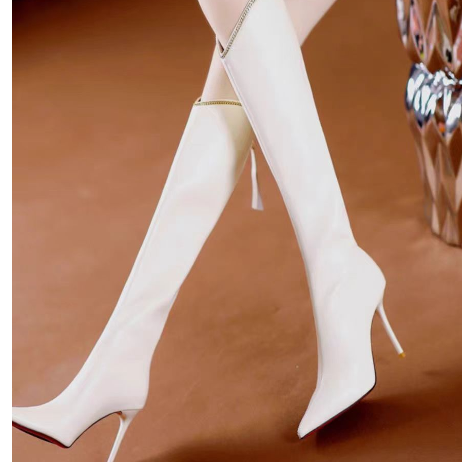 时尚百搭链条975-8高筒靴女2024年新款气质尖头细跟不过膝长靴女