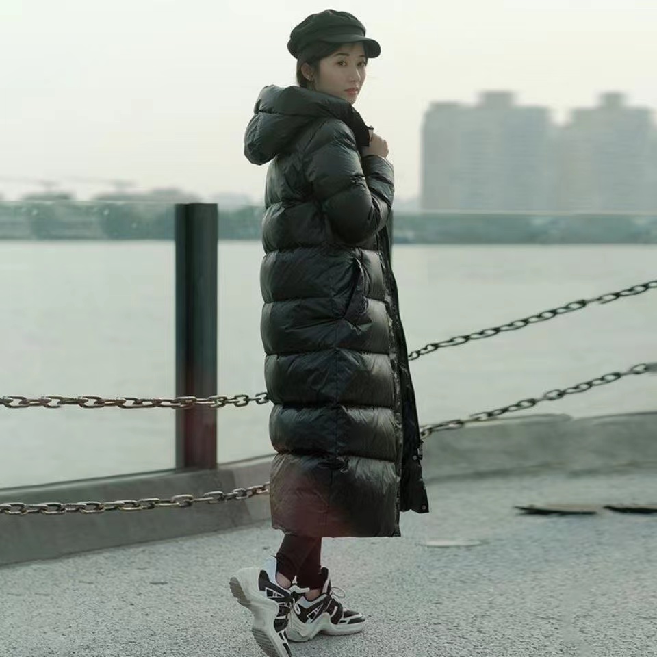 2025冬装新款棉服女装中长款黑色免洗亮面连帽棉衣外套