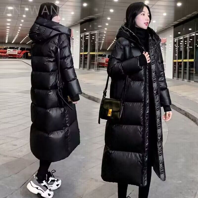 2025新款黑色棉服韩版长款亮面棉衣女加厚修身棉袄ins潮外套