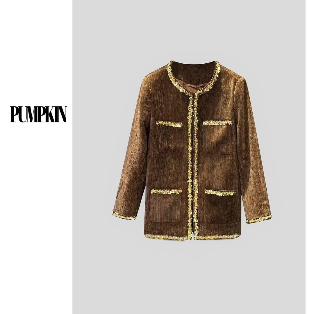 【断码清清No退No换】·<靡金流沙> 欧货高品小香风拼接亮片夹棉外套