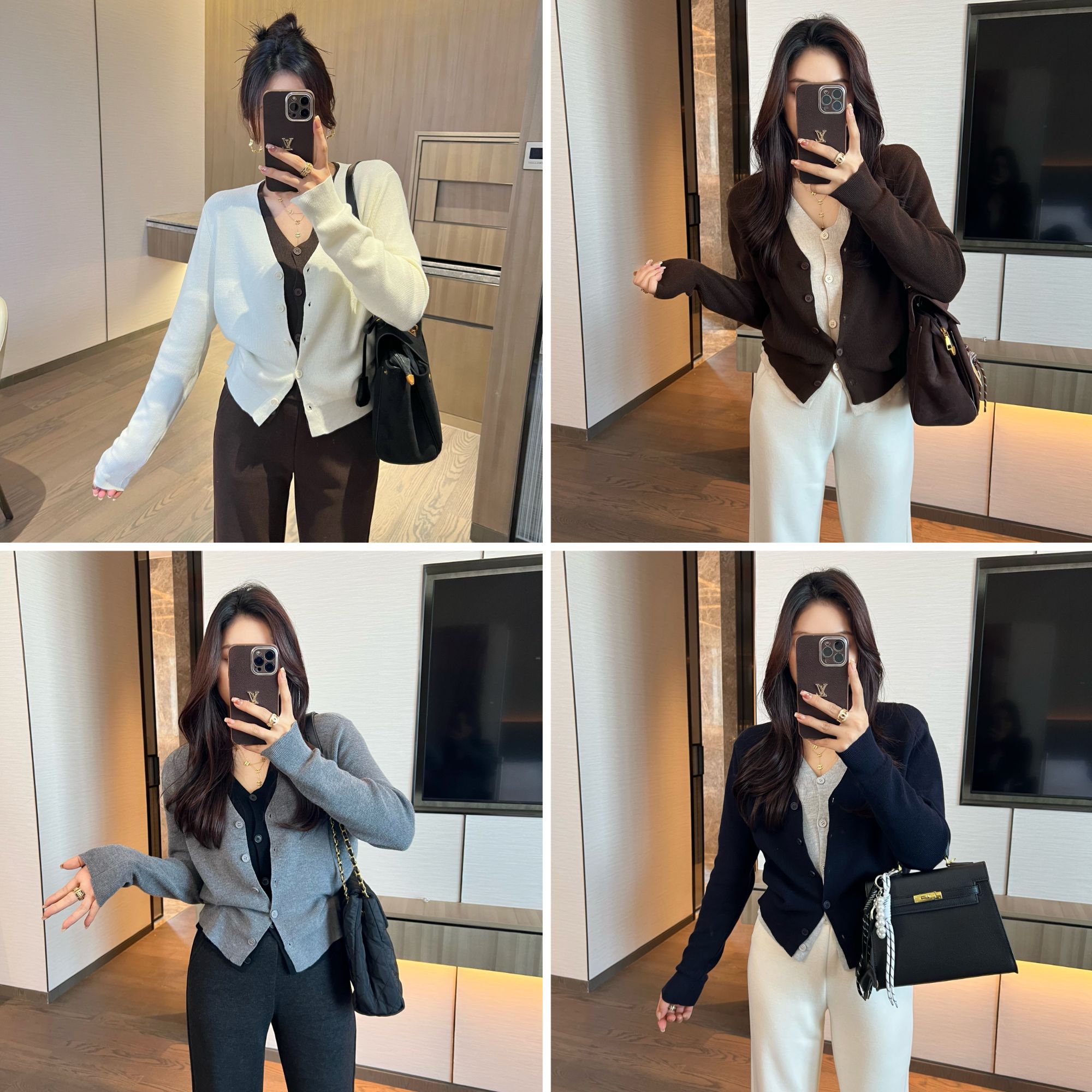 休闲风拼接撞色假两件毛衣开衫女2025秋冬含羊毛针织上衣