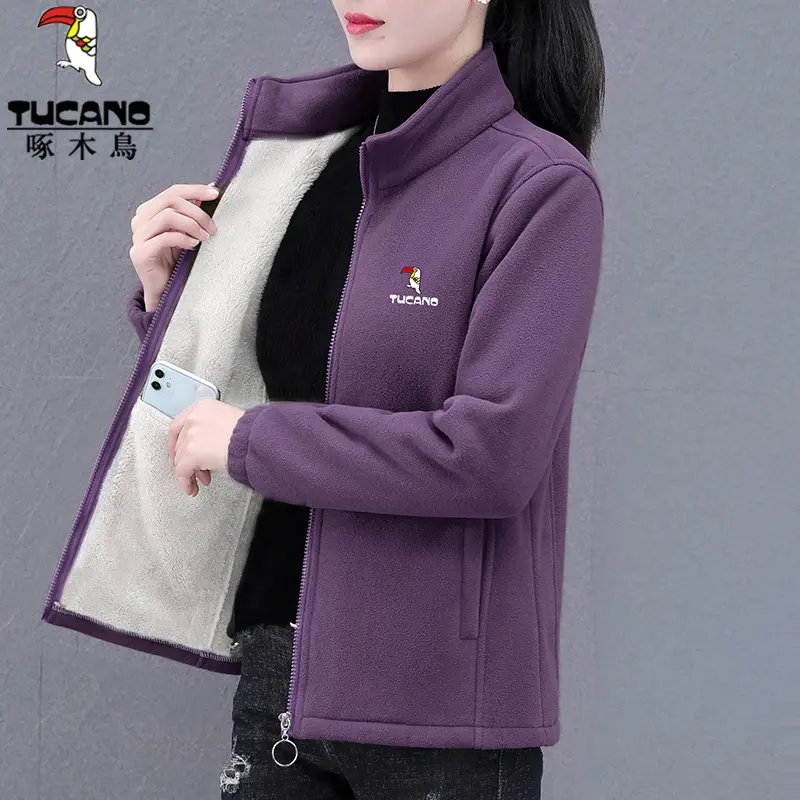 啄木鸟双面绒加绒加厚摇粒绒外套女2024秋冬新款大码妈妈装抓绒衣