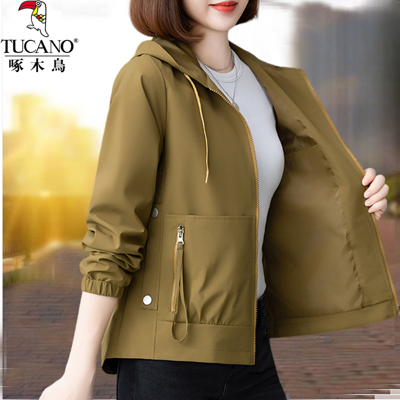 啄木鸟韩版休闲宽松中年款连帽外套2023年春秋季新款女士百搭上衣