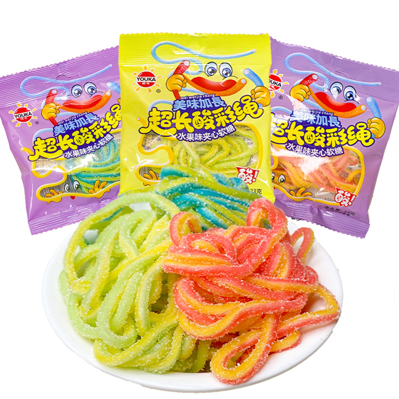 优卡超长酸彩绳酸甜混合水果味果汁软糖儿时怀旧童年休闲趣味零食