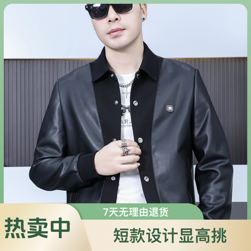 时尚摇片翻领-男士秋冬拼接休闲简约百搭皮衣夹克（952）
