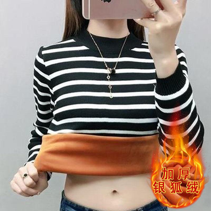 加绒/不加绒保暖一体绒T恤女学生加厚秋冬条纹长袖半高领打底衫潮