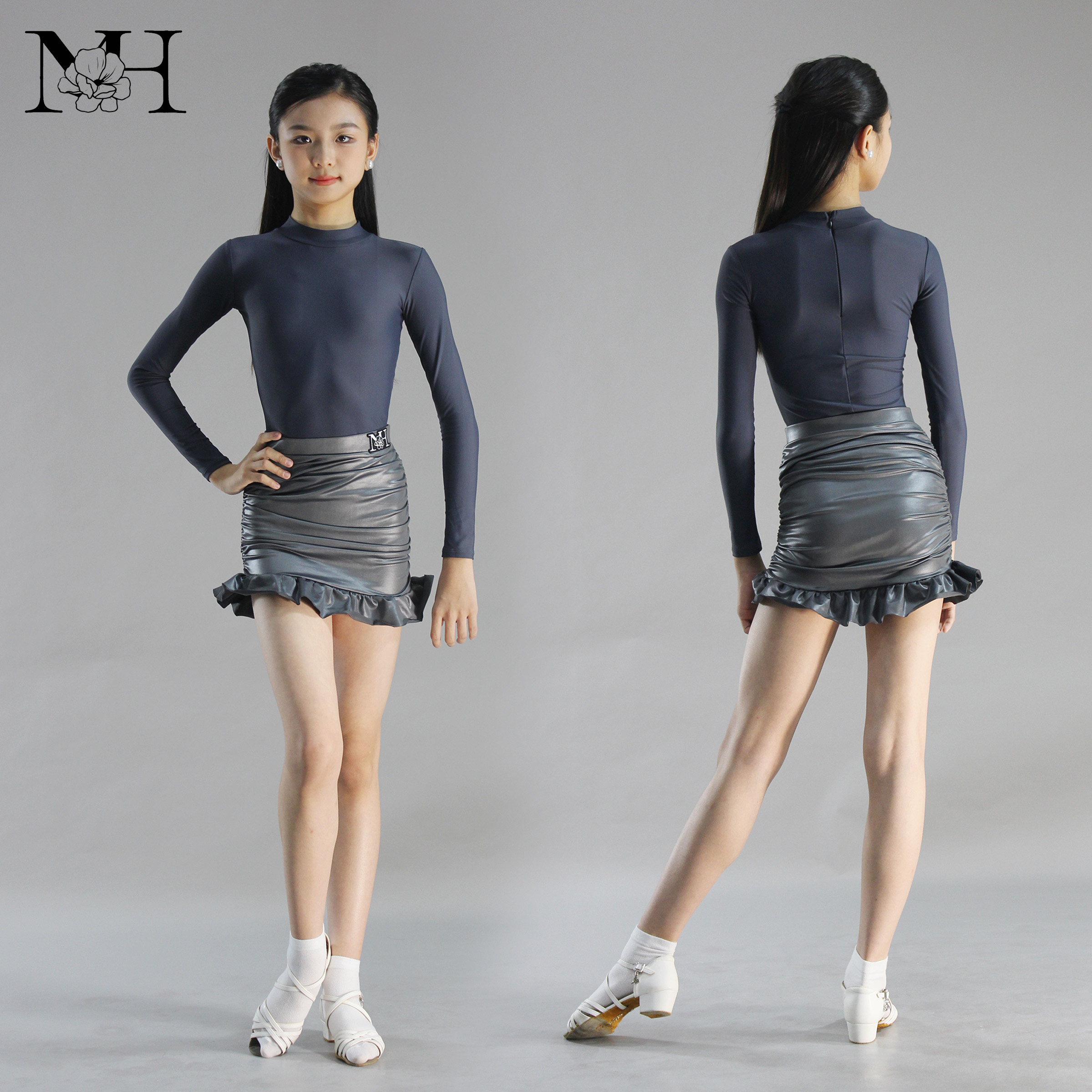 【特价】MH DANCE少儿拉丁舞高级灰色仿皮弹力褶皱训练服