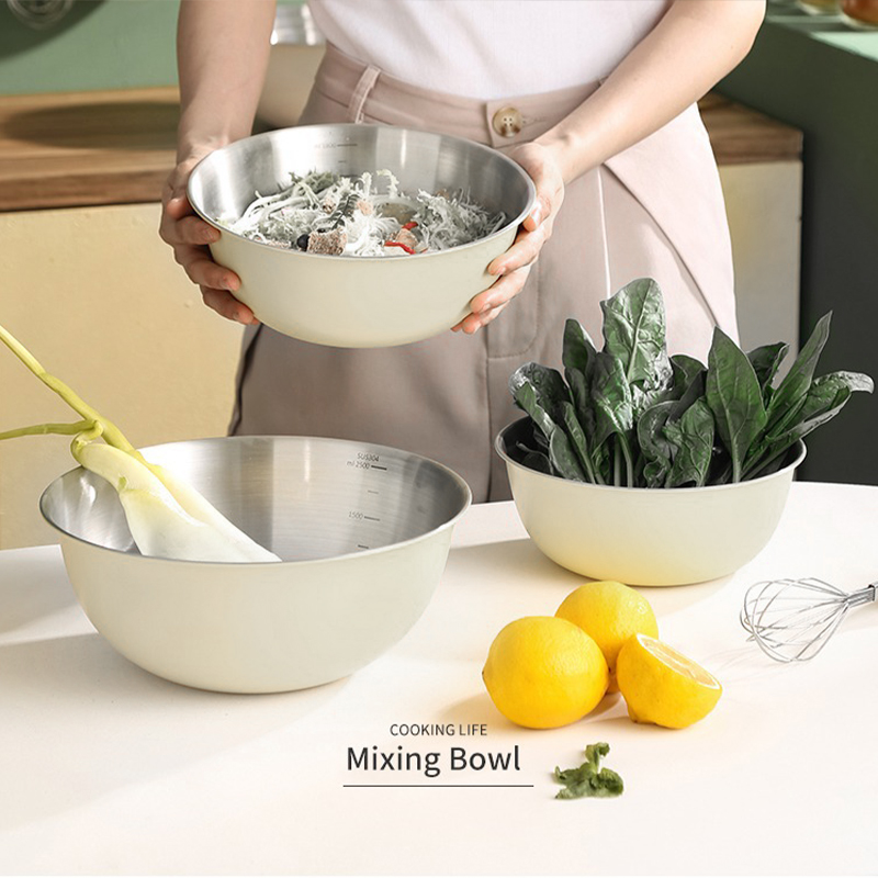 OOU/欧欧优多功能不锈钢料理沙拉盆奶油白大小两件装