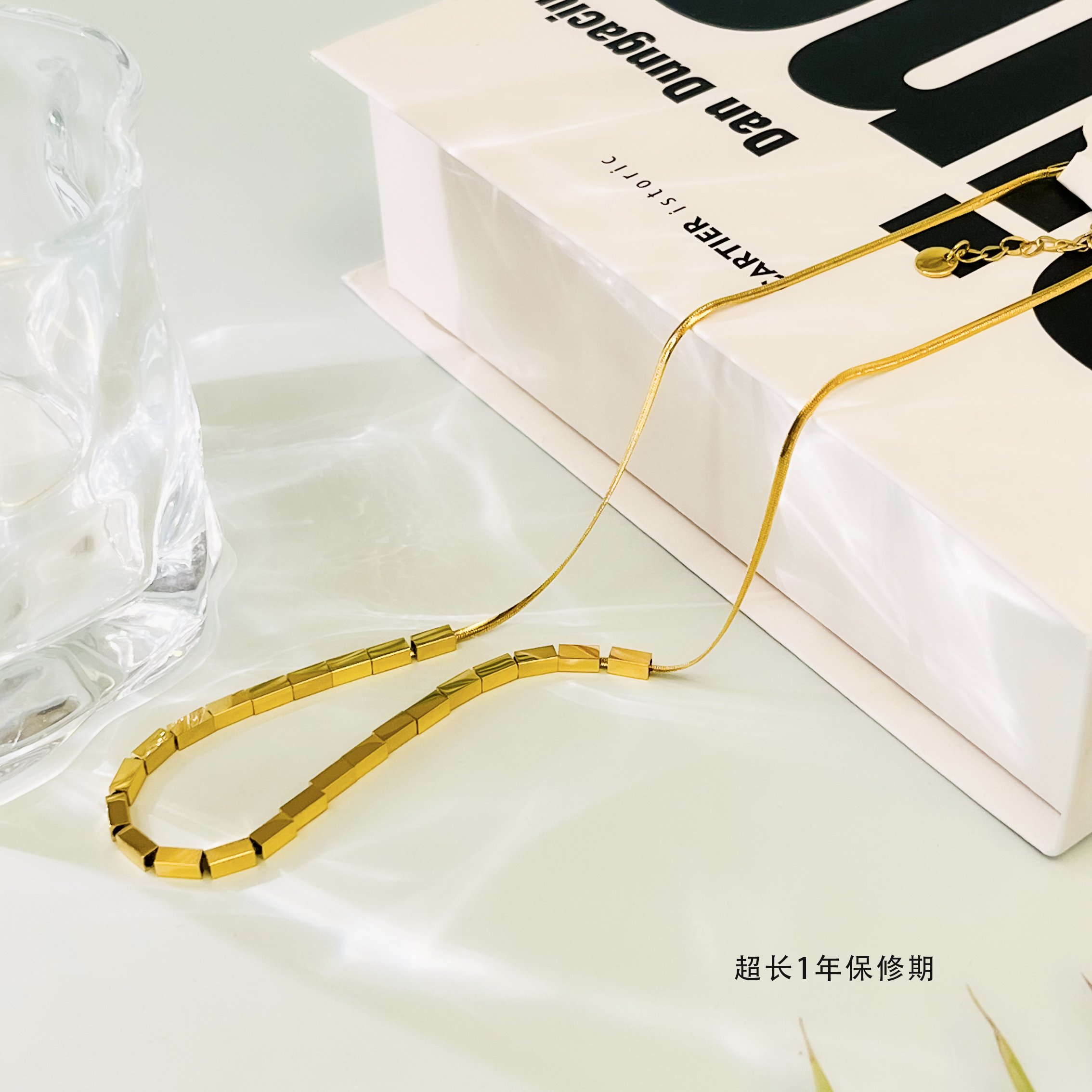 合金项链 18K金电镀扁蛇骨链小方块项链设计师款百搭气质轻奢项链