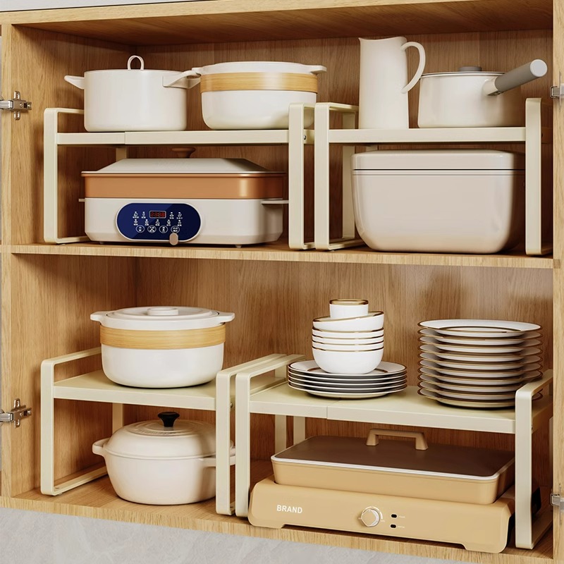 优勤可伸缩收纳架奶白色柜子分层架橱柜内隔板分层架子碗碟收纳架