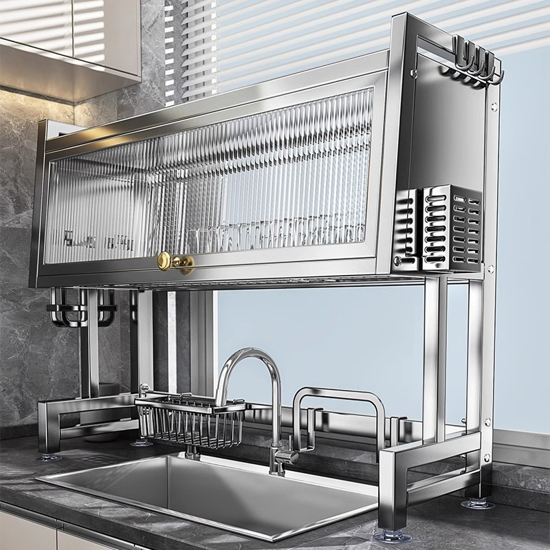 优勤不锈钢水槽置物架厨房碗碟收纳洗碗槽水池上方沥水架防尘碗柜