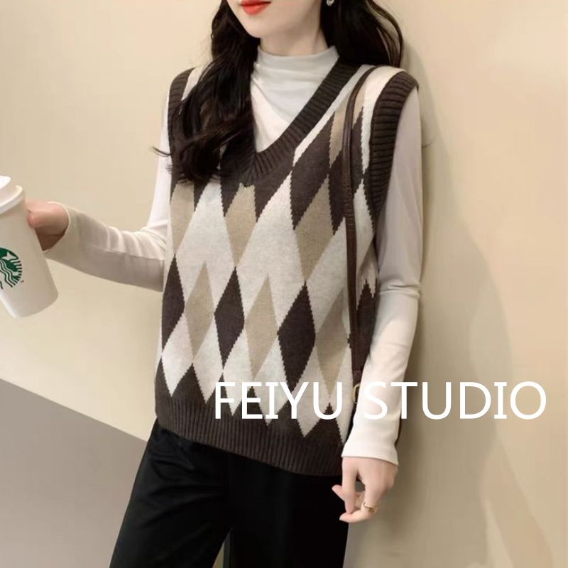 小香风菱格马甲针织毛衣背心女秋冬新款慵懒风日系宽松外搭叠穿