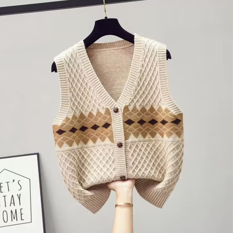复古菱格无袖针织开衫马甲女春秋季V穿马夹背心上衣针织背心外穿