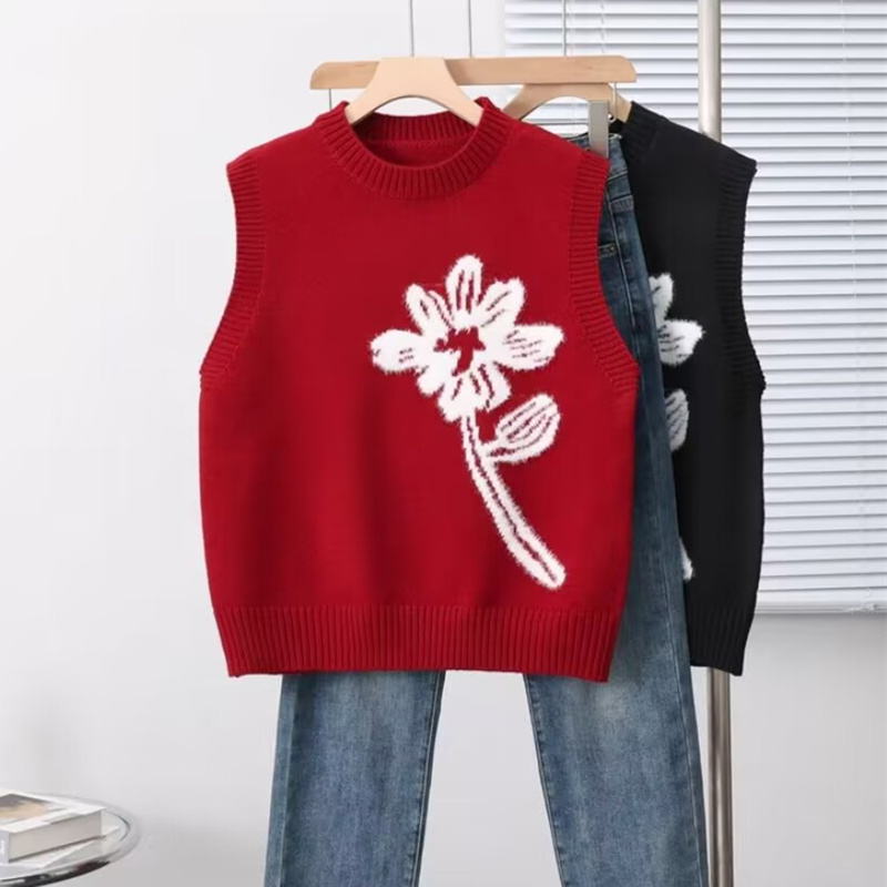 2024新款植绒绣花花朵针织背心女设计感韩版洋气宽松百搭显瘦遮肉