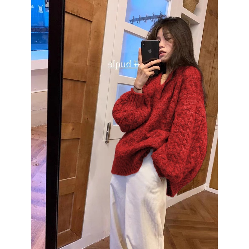 红色加厚V领麻花套头毛衣女2023秋冬新款爆款宽松慵懒风针织上衣