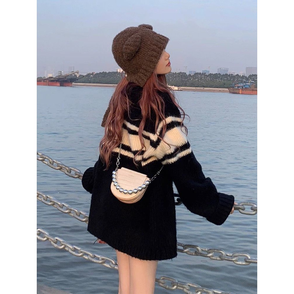 黑白条纹毛衣女宽松外穿秋冬新款慵懒风百搭圆领洋气针织衫上衣女