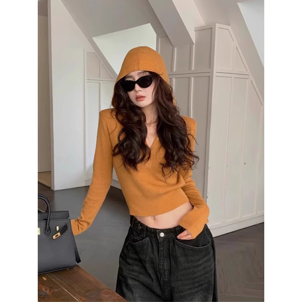 美式辣妹短款橘色连帽针织衫女秋季设计感修身收腰长袖毛衣上衣