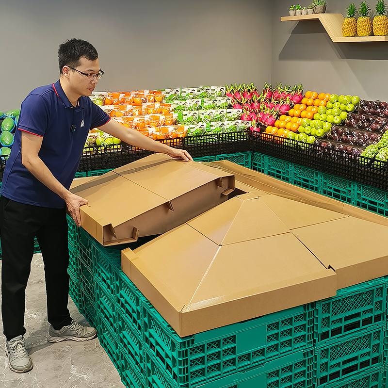 纸板货架水果店陈列假底带栏边斜坡展示架纸质中岛水果货架展示架