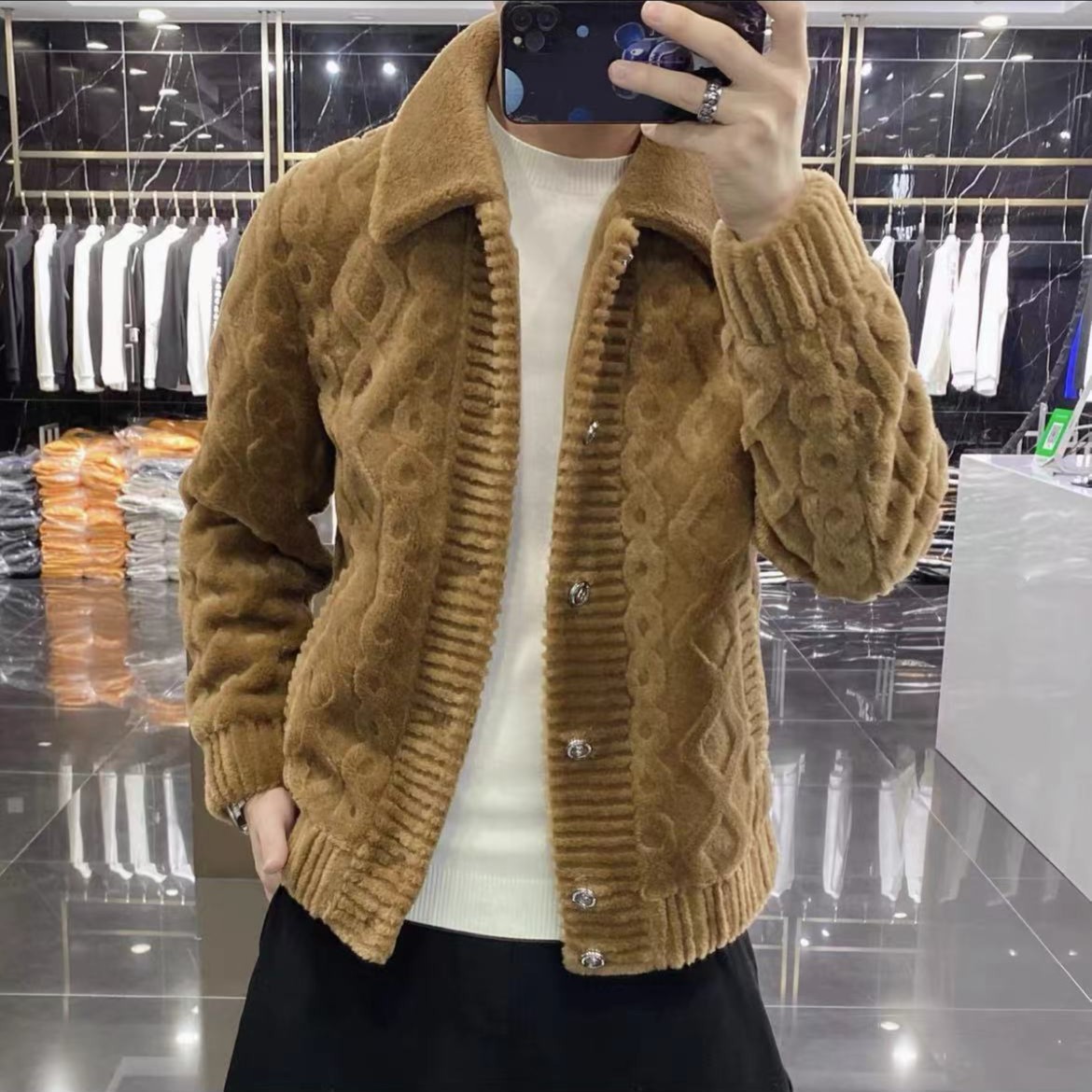 百搭欧货秋冬休闲男士时尚翻领夹克外套男装潮流加厚韩版修身上衣