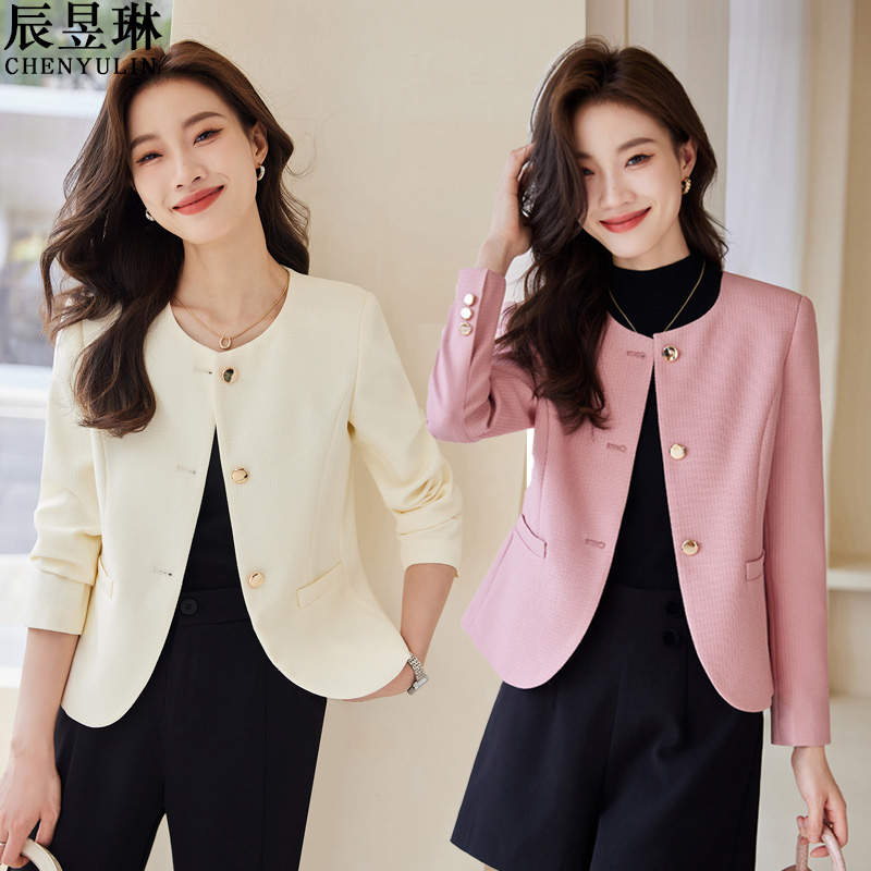 白色法式名媛小香风外套女早秋高级感短款西装小个子圆领长袖上衣