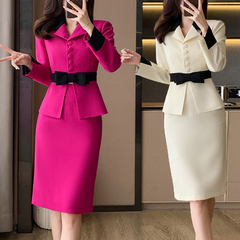 高级感名媛白色小香风西装外套女撞色时尚网红蝴蝶结上衣小洋装