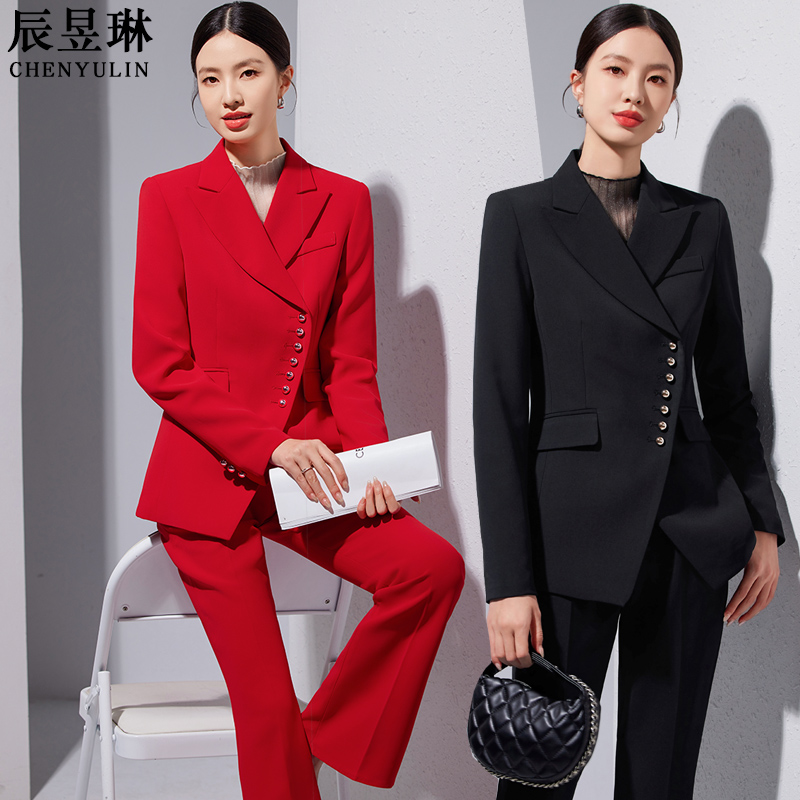 西装外套女红色不规则单排扣原创设计西服上衣时髦洋气职业装风衣