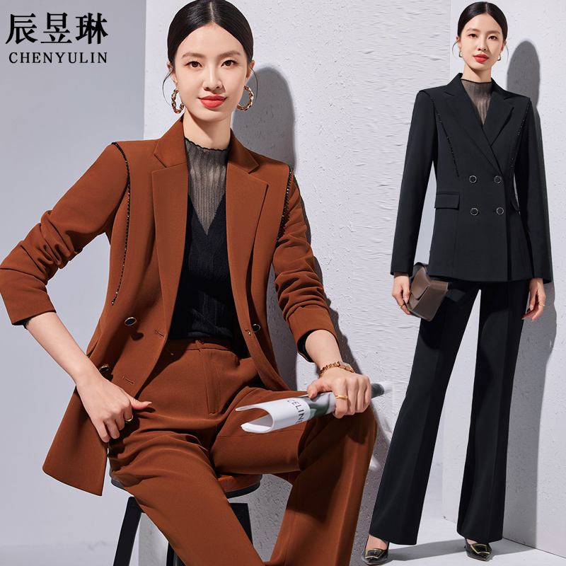 秋冬双排扣修身西服女中长款焦糖色职业名媛高级感咨询师顾问西装