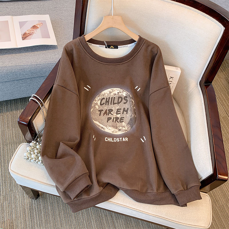 现大码女装300斤胖MM舒适休闲圆领印花加绒长袖卫衣63985加绒