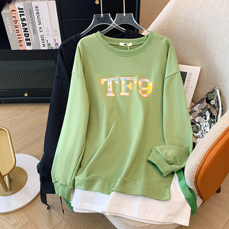 大码女装300斤胖MM休闲百搭宽松假两件印花圆领卫衣66594 