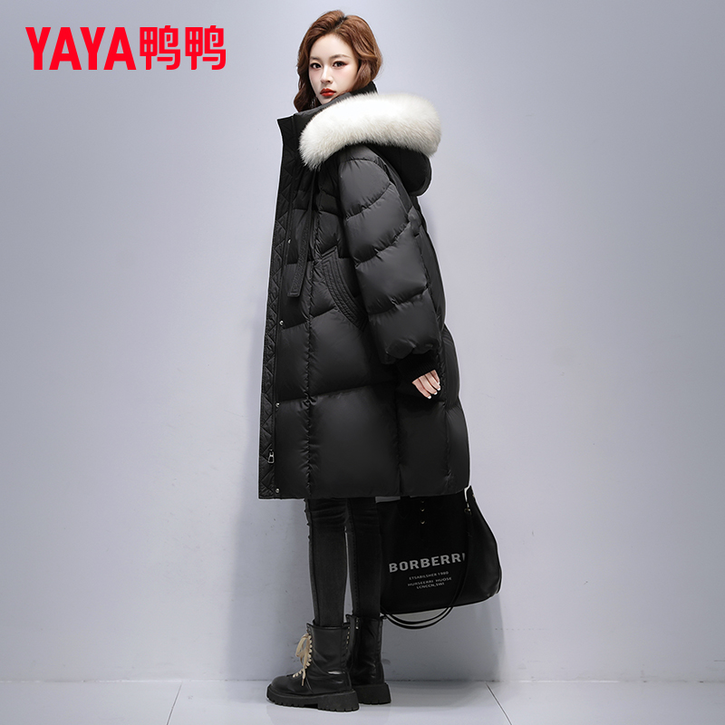 YAYA/鸭鸭过膝长款羽绒服女2024冬新款时尚狐狸毛领加厚保暖外套