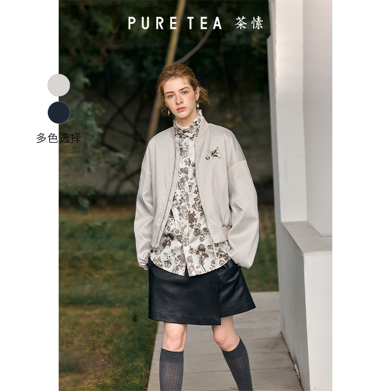 PURE TEA/茶·愫棒球式薄女夹克廓形短外套2024冬新KW0802C41