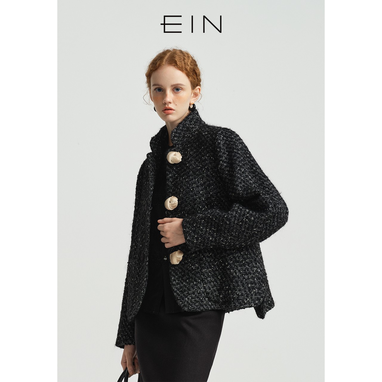 EIN/言千金小香风撞色花呢绵羊毛立领扭结扣短大衣外套2025春款