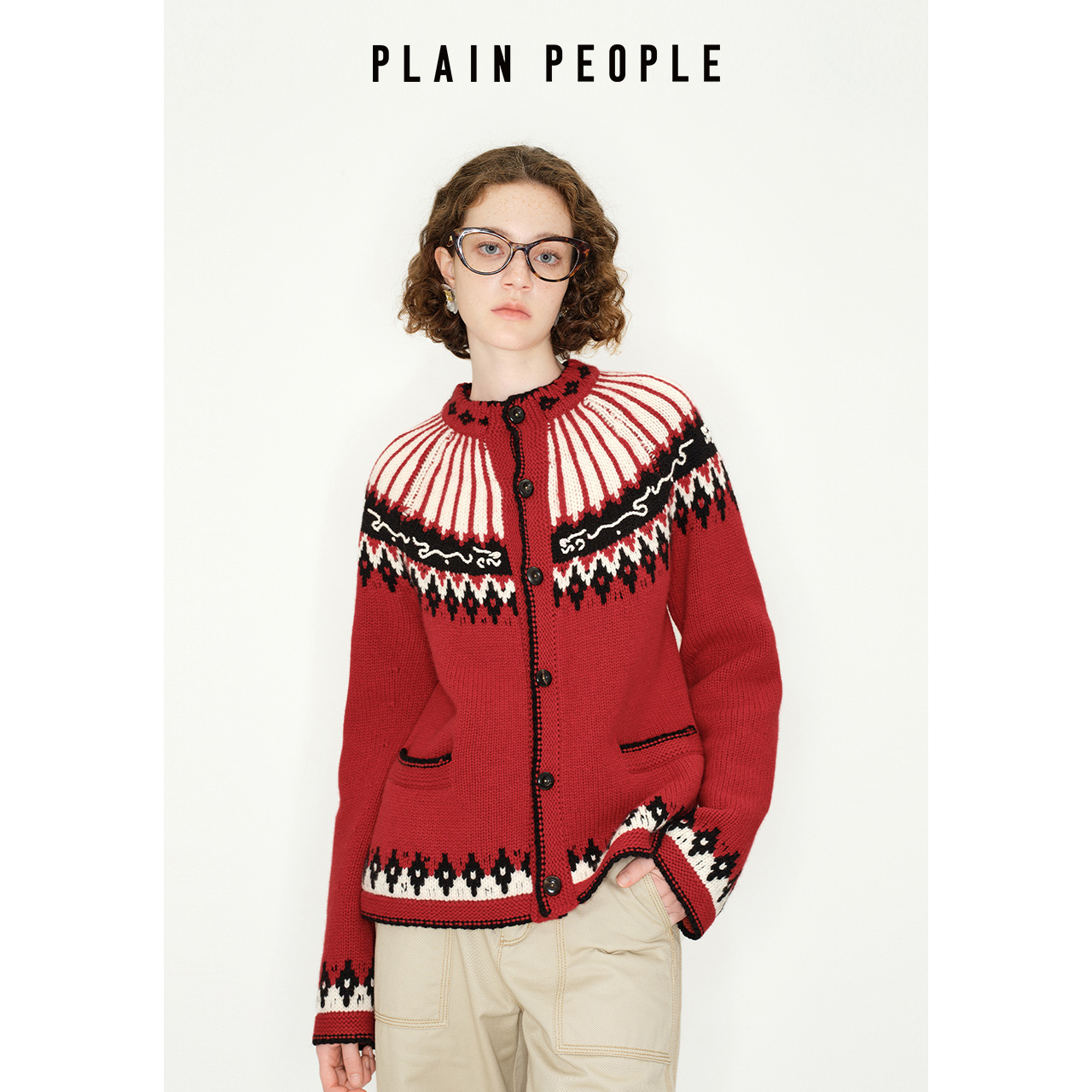 PLAIN PEOPLE复古绵羊毛撞色花纹毛衫开衫短外套红色2024冬季新品