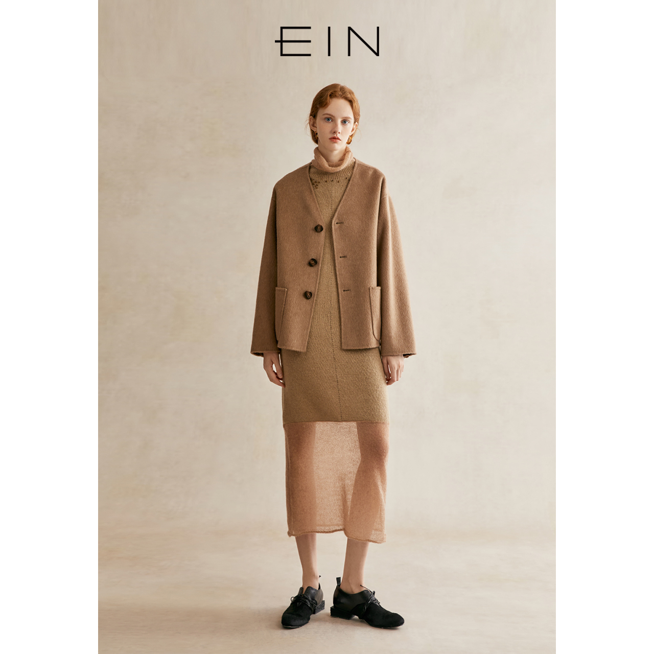 EIN/言【商场同款】静奢风双面呢V领大口袋绵羊毛短大衣女装24秋冬