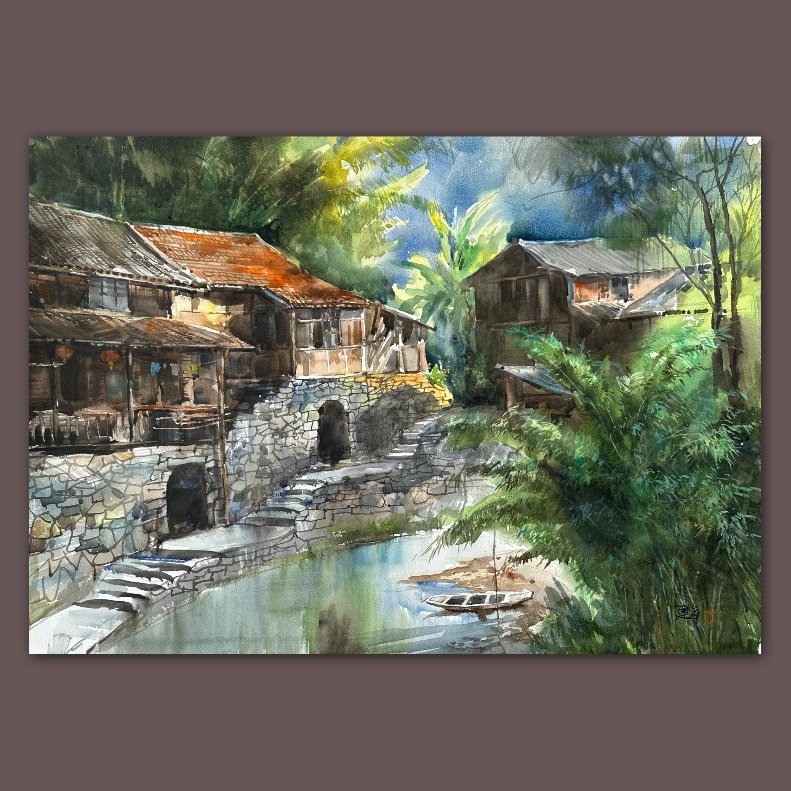 艺弘羽艺术 原创乡村风景水彩画53×77纸本水彩画艺术家黄建华