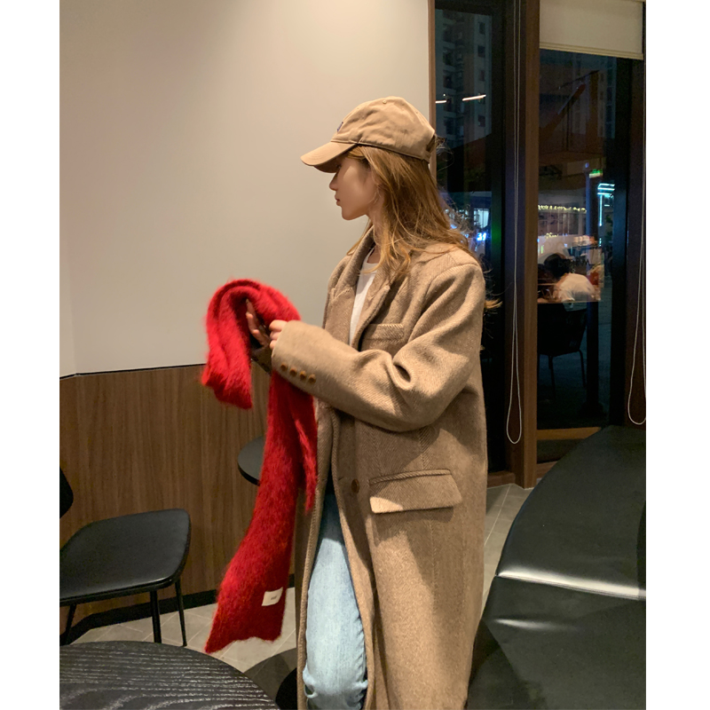 韩系经典垫肩挺阔呢大衣女2024秋冬新款加厚宽松毛呢外套过膝大衣