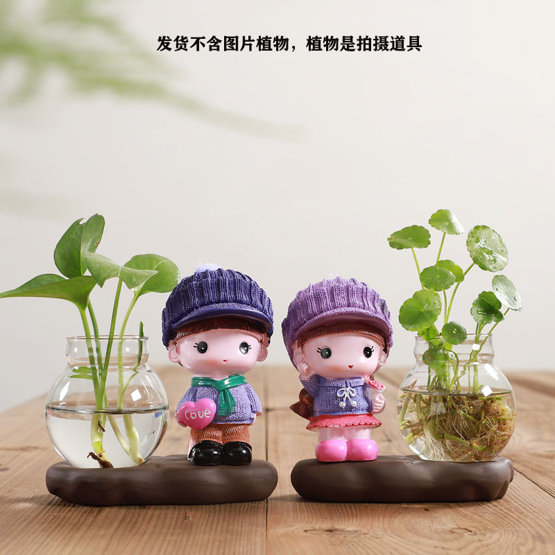 可爱创意小玻璃花瓶卡通人物水培花盆桌面摆件绿萝金钱草水养花器