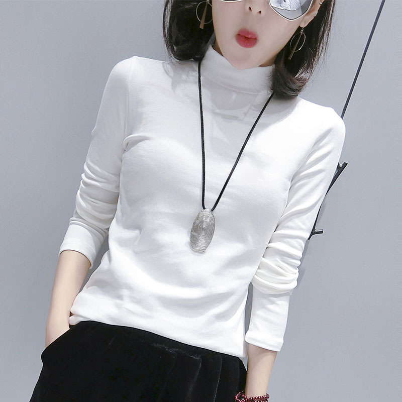 半高领磨毛秋衣打底t恤显瘦长袖纯棉洋气白色新款打底衫内搭